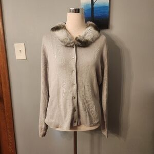 Kikit Womens Gray Long Sleeve Button Front Faux Fur Removable Collar Sweater L